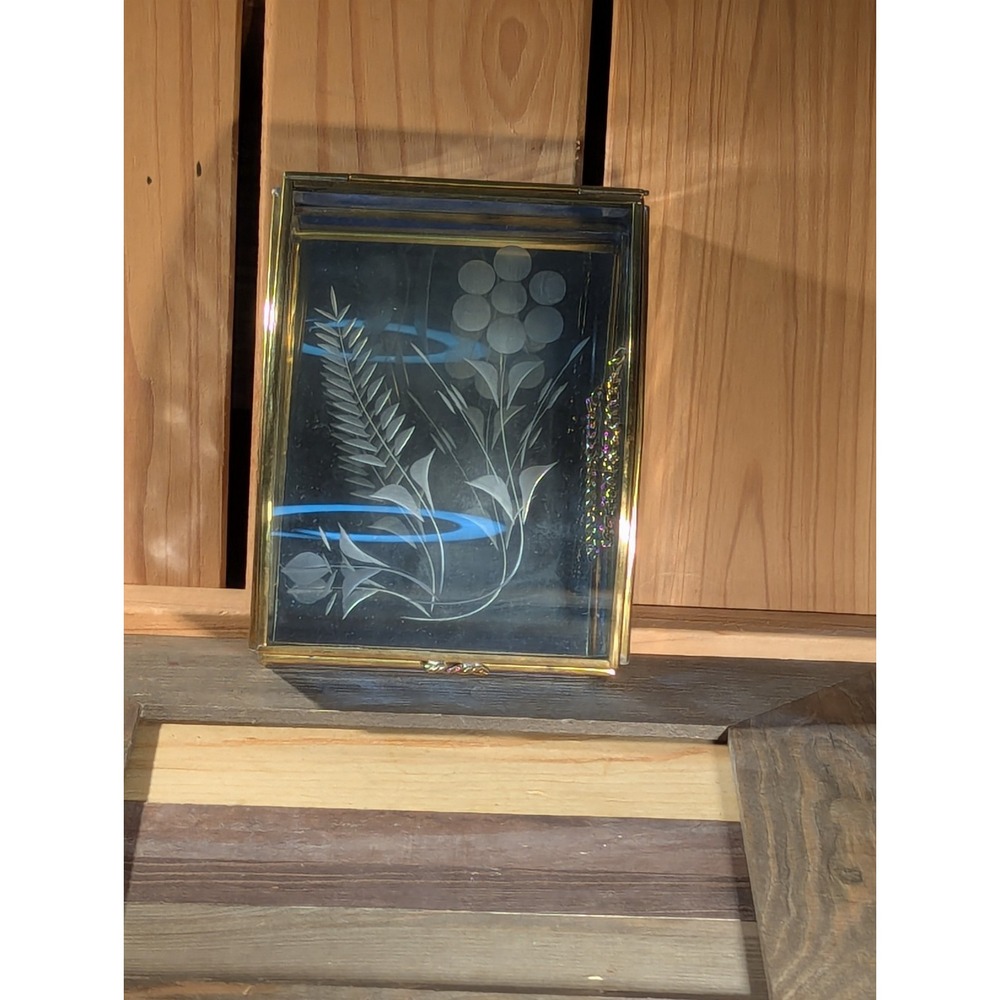 Vintage Etched Glass Trinket Box Mirrored‎ Bottom Brass Flower Design